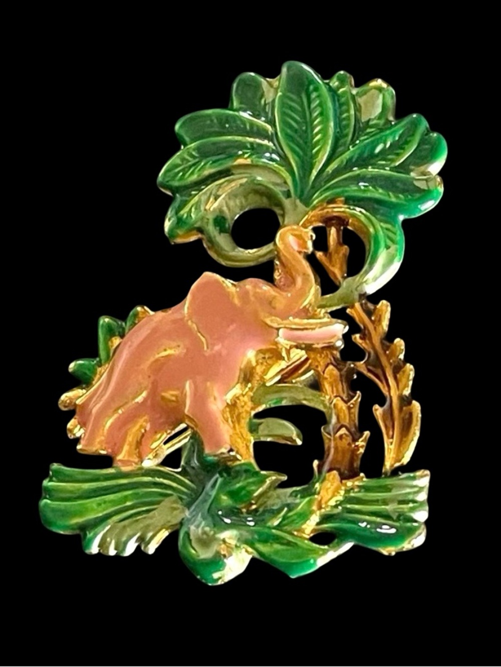 Vintage Mid-Century Signed Depose France Pink Elephant Brooch Enamel & Goldtone